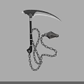 Black Handle Scythe Weapon With Curved Silver Blade Attached Chain And Spiked Weight