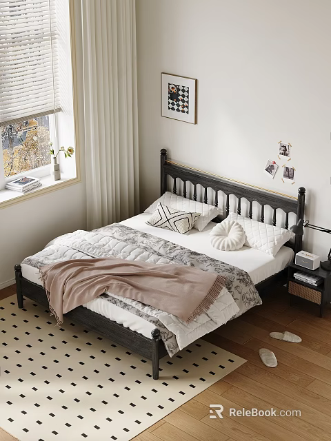 Cozy Double Bed With Black Wooden Headboard White Pillows Pink Blanket And Window Curtains 3d model 