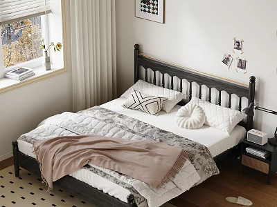 Cozy Double Bed With Black Wooden Headboard White Pillows Pink Blanket And Window Curtains 3d model