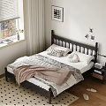 Cozy Double Bed With Black Wooden Headboard White Pillows Pink Blanket And Window Curtains