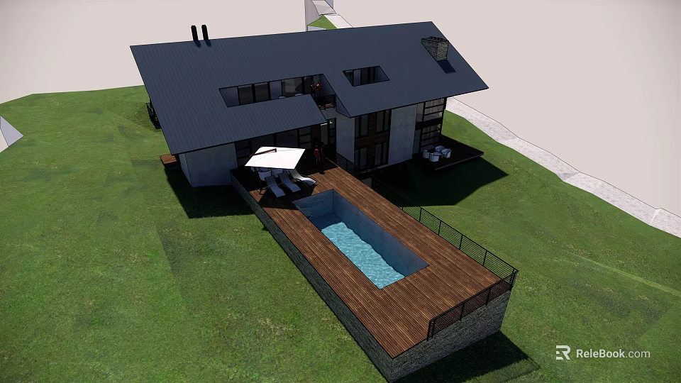 Modern Hotel Building With Black Roof Swimming Pool Wooden Deck Lawn And Outdoor Furniture 3d model 