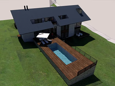 Modern Hotel Building With Black Roof Swimming Pool Wooden Deck Lawn And Outdoor Furniture 3d model