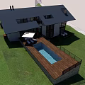 Modern Hotel Building With Black Roof Swimming Pool Wooden Deck Lawn And Outdoor Furniture