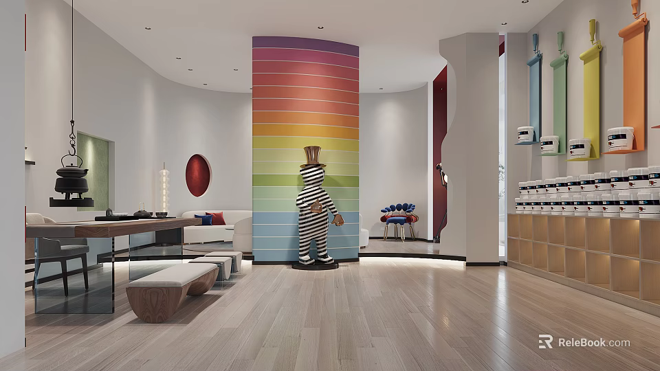Vibrant Striped Column In Modern Interior Design With Sofa Stools And Wooden Flooring 3d model 