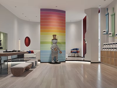 Vibrant Striped Column In Modern Interior Design With Sofa Stools And Wooden Flooring 3d model