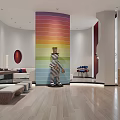 Vibrant Striped Column In Modern Interior Design With Sofa Stools And Wooden Flooring