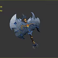 3D Model of Mythical Axe With Blue Gems Gray Metal And Wing Shaped Blades