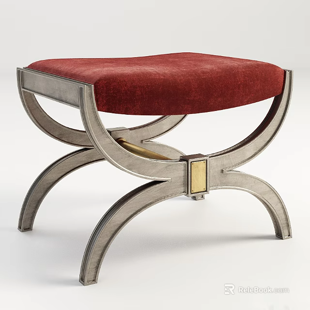 Red Upholstered Stool With Curved Metal Frame And Gold Accent Details 3d model 