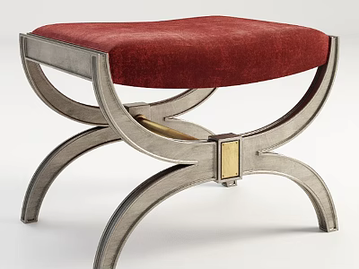 Red Upholstered Stool With Curved Metal Frame And Gold Accent Details 3d model