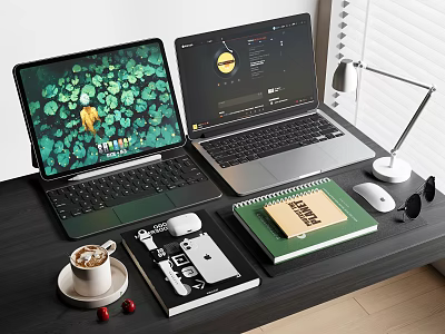 Laptop And Tablet On Work Desk With Notebook Mouse Lamp Coffee And Accessories 3d model