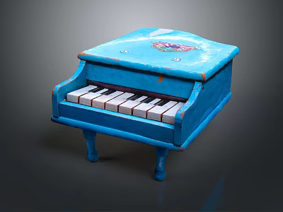 Hand Painted Blue Mini Piano with Decorative Artwork and White Black Keys 3d model