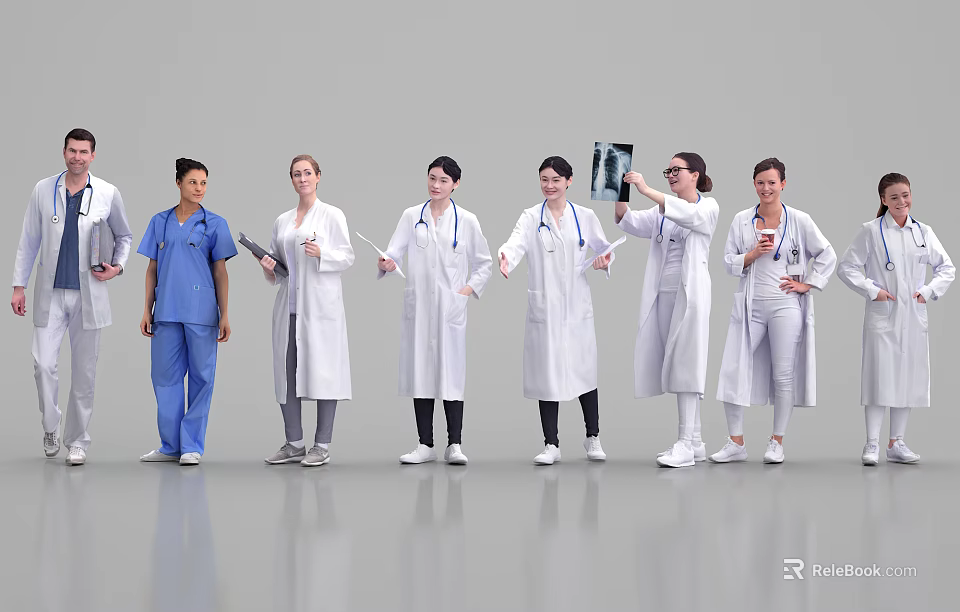 Diverse Group of Healthcare Professionals in Medical Attire Holding Stethoscopes and X-ray 3d model 