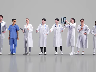 Diverse Group of Healthcare Professionals in Medical Attire Holding Stethoscopes and X-ray 3d model