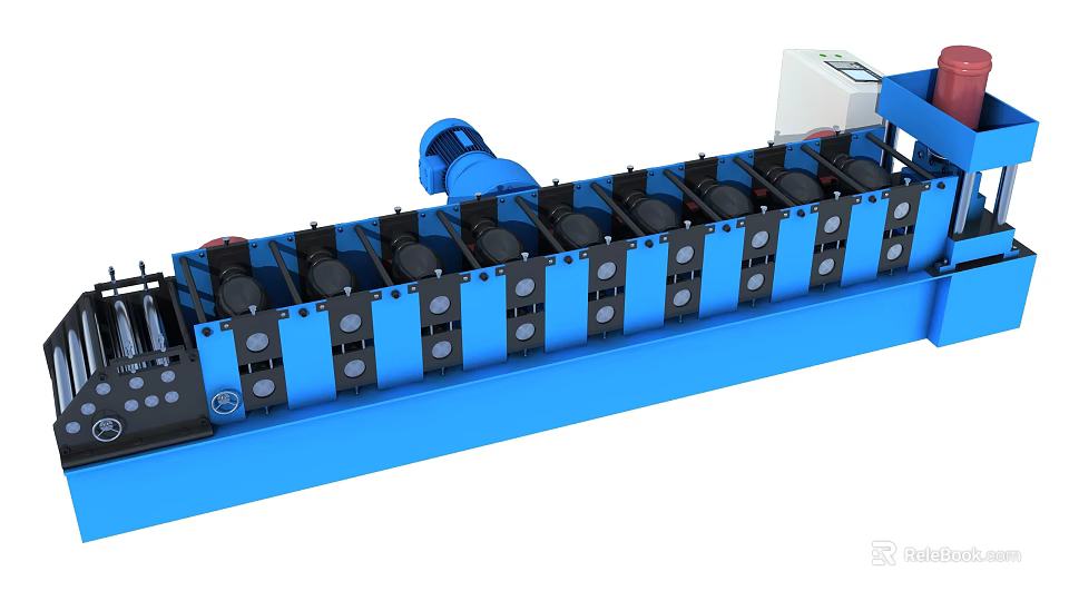 Industrial Roll Forming Machine with Blue Frame Multiple Black Rollers and Control Unit 3d model