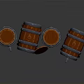 Wooden Barrels With Metal Hoops And Open Lids In Various Positions