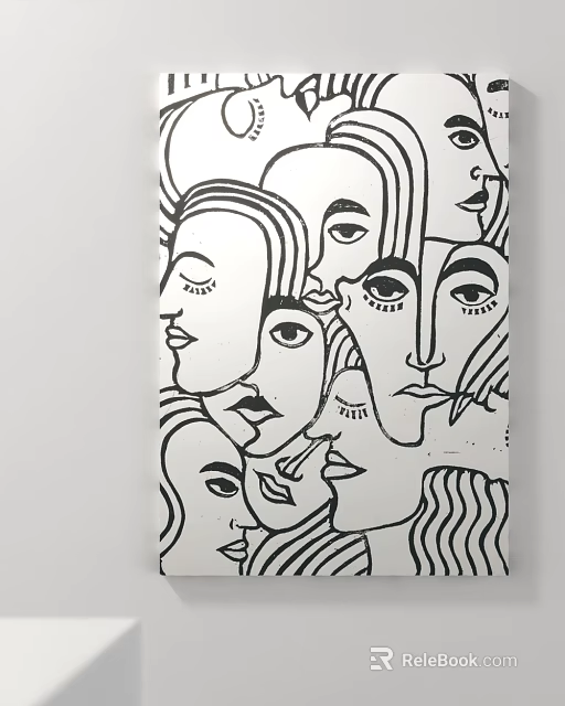 Abstract Black And White Line Art With Multiple Overlapping Face Contours 3d model 