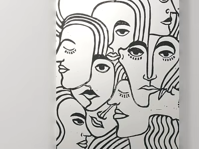 Abstract Black And White Line Art With Multiple Overlapping Face Contours 3d model