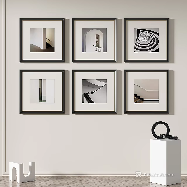 Framed Abstract Paintings With Architectural Geometric Lines In Black And White Tones On Light Wall 3d model