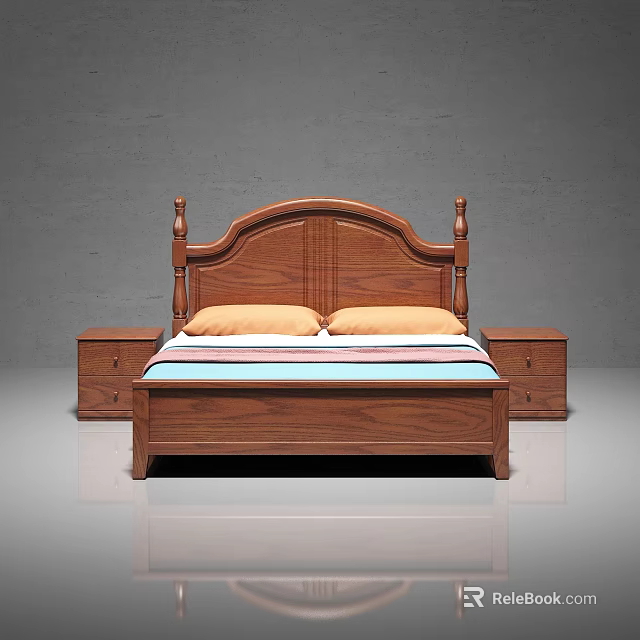 Wooden Double Bed With Carved Headboard And Nightstands Striped Bedspread Orange Pillows 3d model 