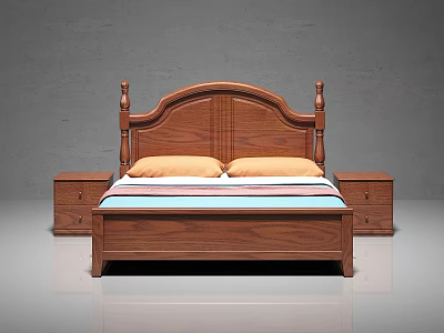Wooden Double Bed With Carved Headboard And Nightstands Striped Bedspread Orange Pillows 3d model