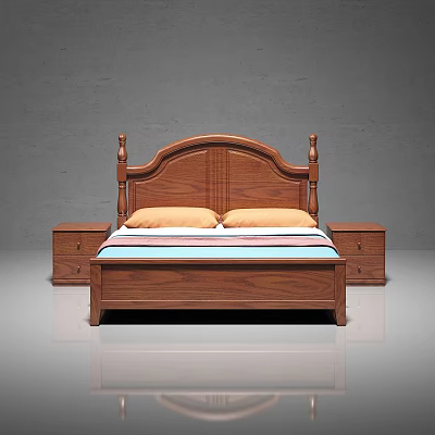 Wooden Double Bed With Carved Headboard And Nightstands Striped Bedspread Orange Pillows 3d model