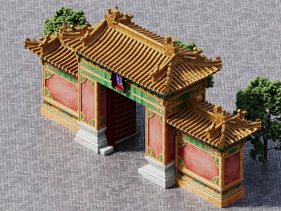 Traditional Chinese Ancient Gateway Architecture with Yellow Roof Red Walls Green Decor and Trees 3d model