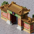 Traditional Chinese Ancient Gateway Architecture with Yellow Roof Red Walls Green Decor and Trees