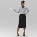 Business Woman in White Shirt Black Skirt Standing Holding Paper in Professional Posture
