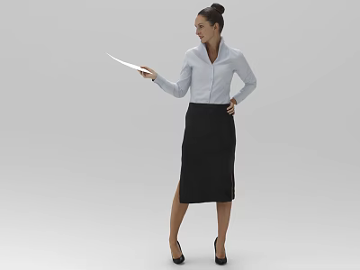 Business Woman in White Shirt Black Skirt Standing Holding Paper in Professional Posture 3d model
