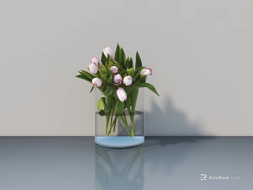 Transparent Vase With White And Pink Tulips On Gray Tabletop Against Gray Wall 3d model 