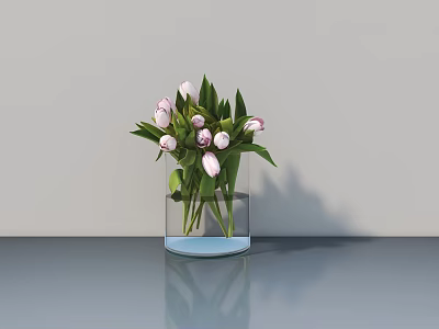 Transparent Vase With White And Pink Tulips On Gray Tabletop Against Gray Wall 3d model