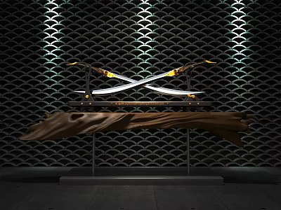 Crossed Swords with Golden Decorations on Black Geometric Wall Illuminated by Lights and Wooden Base 3d model
