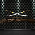 Crossed Swords with Golden Decorations on Black Geometric Wall Illuminated by Lights and Wooden Base