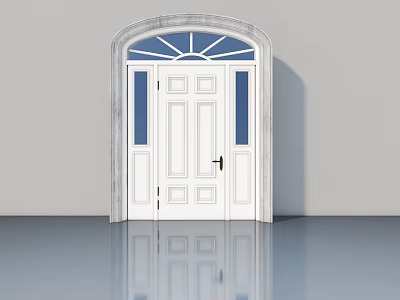 Home Entrance White Swing Door With Arched Top And Side Glass Panels 3d model
