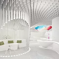 Modern White Showroom With Curved Design Arranged Laundry Machines And Geometric Ceiling