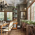 Vintage Café Interior With Bookshelves Chandelier Wooden Tables Windows And Green Plants