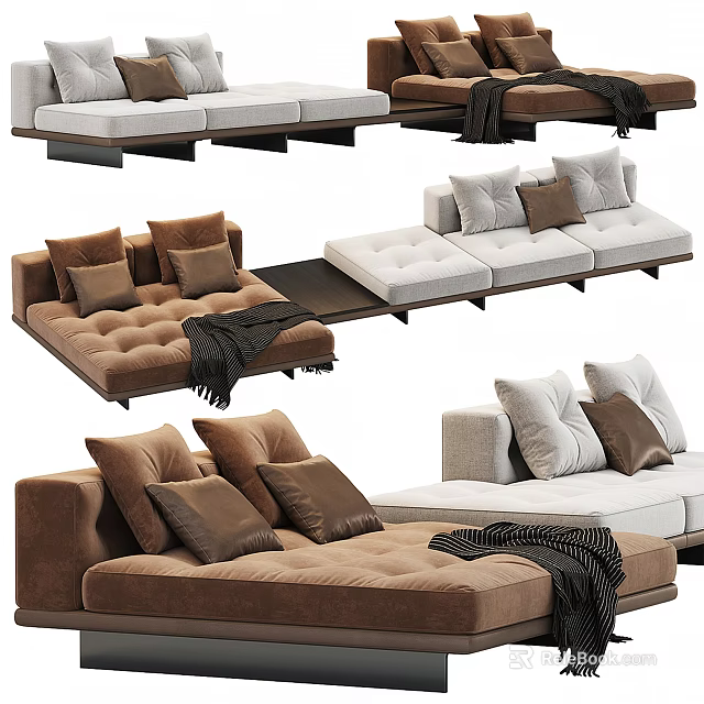 Comfortable Modern Sectional Sofa With Brown White Upholstery Pillows And Blankets 3d model