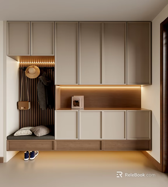 Modern Gray Shoe Cabinet With Wooden Accent LED Lighting And Coat Storage 3d model 