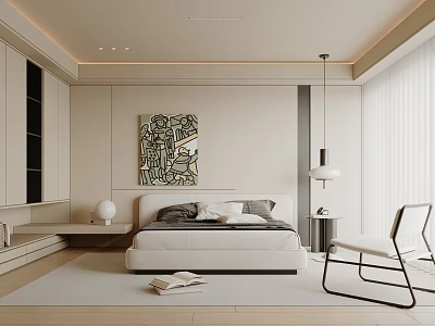 Modern Minimalist Bedroom Interior Design With White Bed Abstract Painting And Floor Lamp 3d model