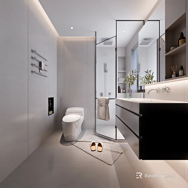 Modern Bathroom Interior Design With White Toilet Glass Shower Black Vanity Mirror And Green Plants 3d model 