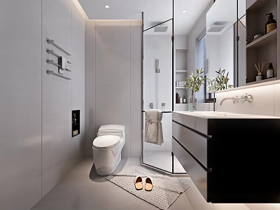 Modern Bathroom Interior Design With White Toilet Glass Shower Black Vanity Mirror And Green Plants 3d model