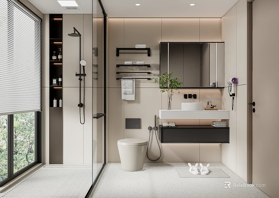 Modern Bathroom With Glass Shower Floating Vanity Large Mirror Light Tiles And Potted Plant 3d model 