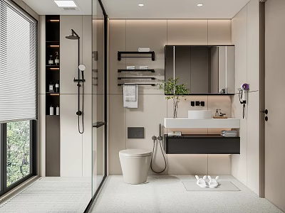 Modern Bathroom With Glass Shower Floating Vanity Large Mirror Light Tiles And Potted Plant 3d model
