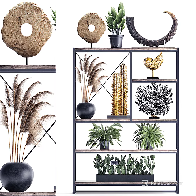 Stylish Decorative Ornament Set on Multi Tiered Shelf with Pampas Grass Cactus and Gold Decor 3d model 
