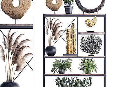 Stylish Decorative Ornament Set on Multi Tiered Shelf with Pampas Grass Cactus and Gold Decor 3d model