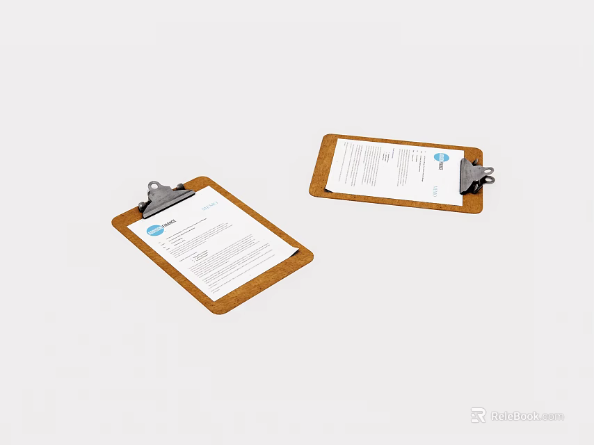 Brown Clipboards With Metal Clips Holding Documents On White Background 3d model 