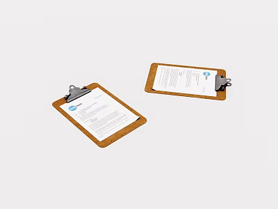 Brown Clipboards With Metal Clips Holding Documents On White Background 3d model