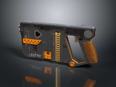 Futuristic Mechanical Weapon CASTOR Model With Black Orange And Gold Detailed Panels And Textured Grip 3d model