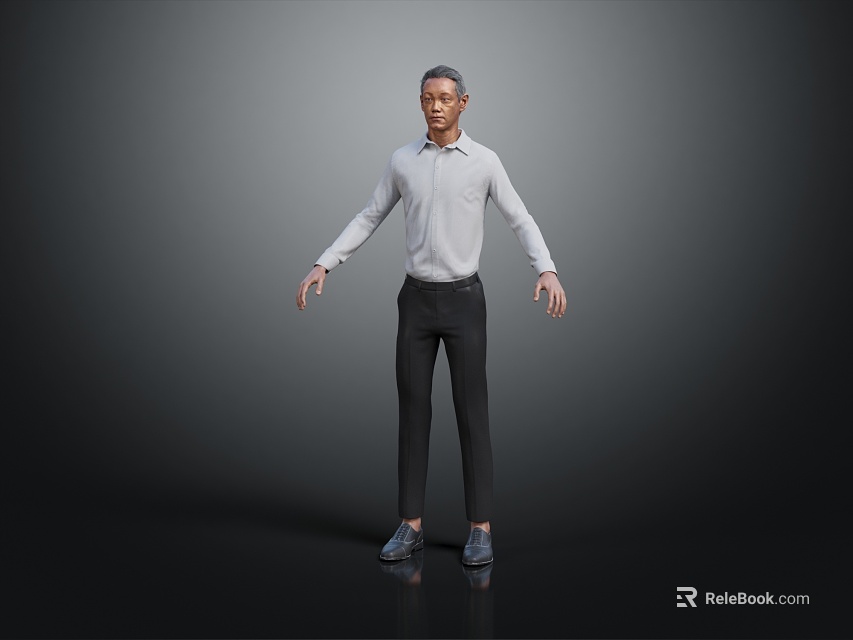 A Man in White Shirt Black Pants and Blue Shoes Standing Against Gray Background 3d model 