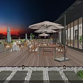 Outdoor Patio With Wooden Deck Dining Tables Chairs Umbrellas Sunset View Glass Windows And Plants